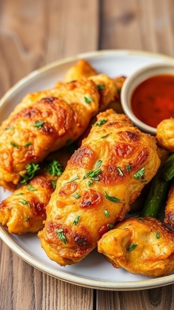 Crispy Air Fryer Chicken Recipe Crispy air fryer chicken pieces garnished with herbs, served with roasted vegetables on a rustic table.